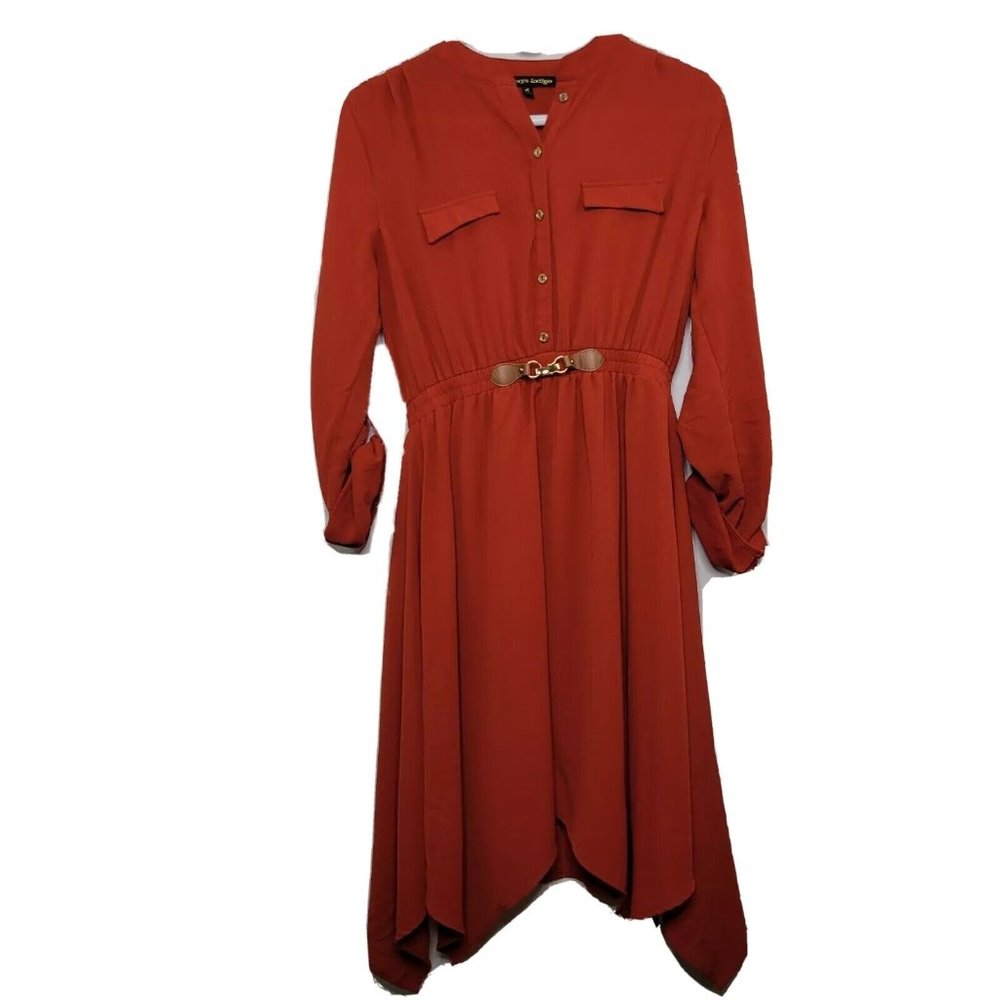Always Indigo Orange Roll Tab Sleeve Lined Shirt Dress Women's Size Petite Large